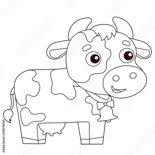 Coloring Page Outline of cartoon cow with bell. Farm animals. Coloring book for kids.