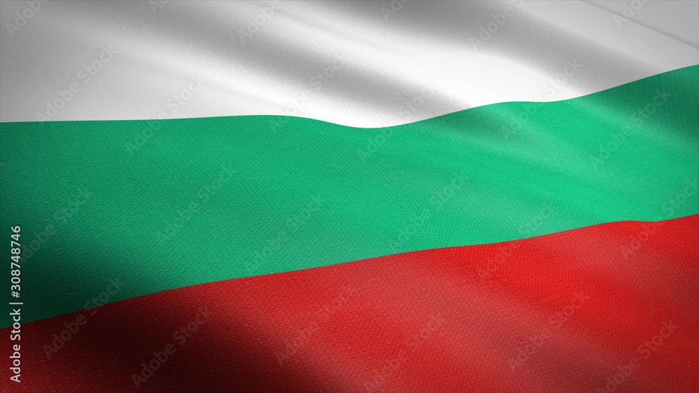 Flag of Bulgaria. Realistic waving flag 3D render illustration with highly detailed fabric texture.