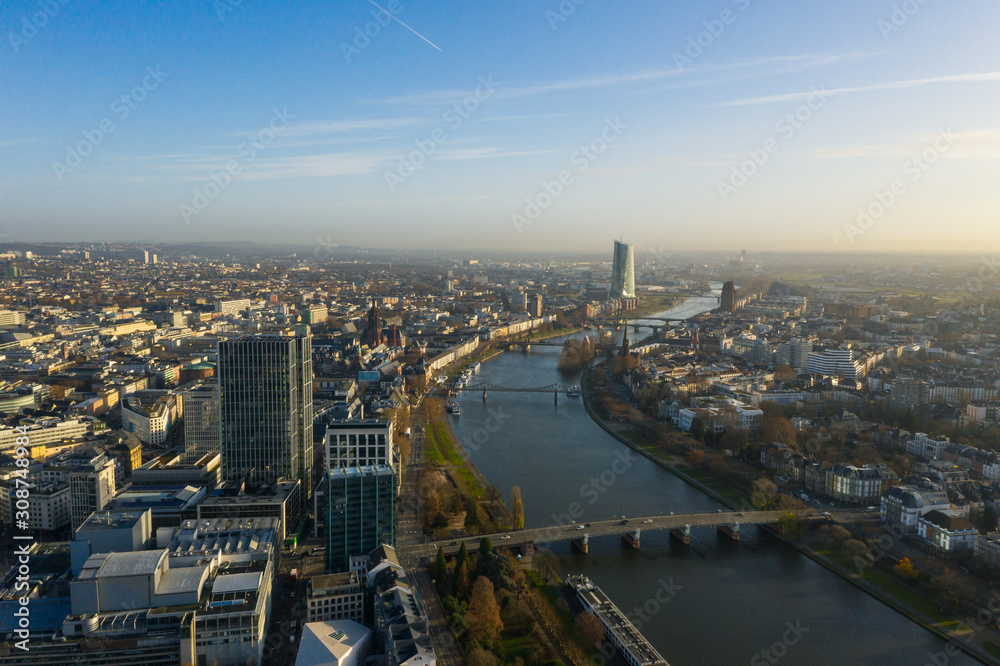  Frankfurt am Main aerial view with drone. Sunset in Frankfurt am Main. 10.12.2019 Frankfurt am Main Germany.