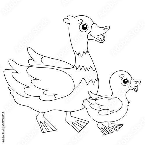 Foto Coloring Page Outline of cartoon duck with duckling