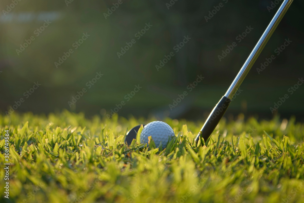 Stockfoto Golf ball and golf club in beautiful golf course at Thailand.  Collection of golf equipment resting on green grass with green background |  Adobe Stock