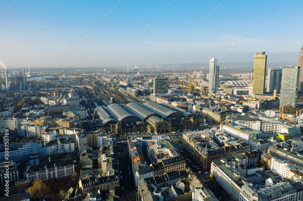 Fototapeta premium Frankfurt am Main aerial view with drone. Sunset in Frankfurt am Main. 10.12.2019 Frankfurt am Main Germany.