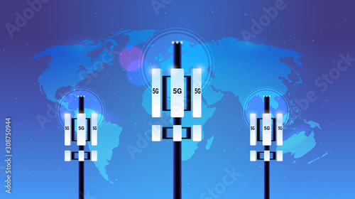 base station receiver 5G online communication tower network technology systems connection information transmitter concept global high speed internet world map background flat horizontal vector
