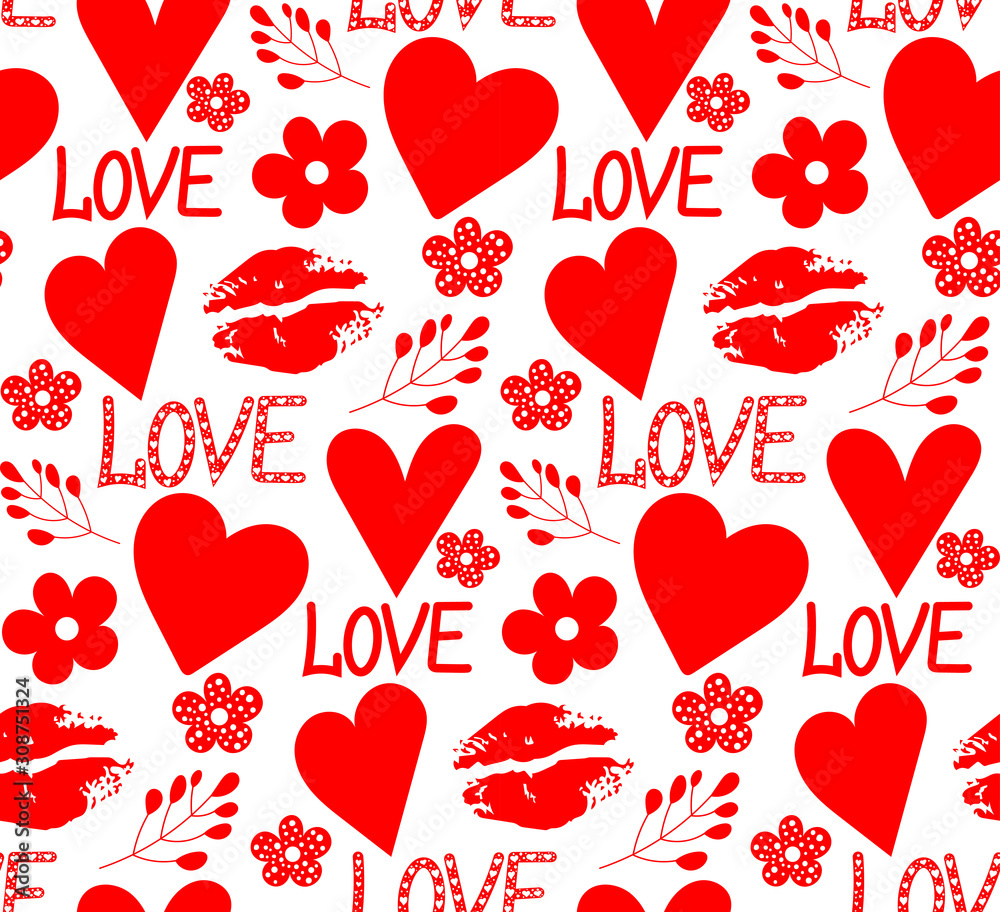 Vector graphic with the image of hearts, flowers and inscriptions 