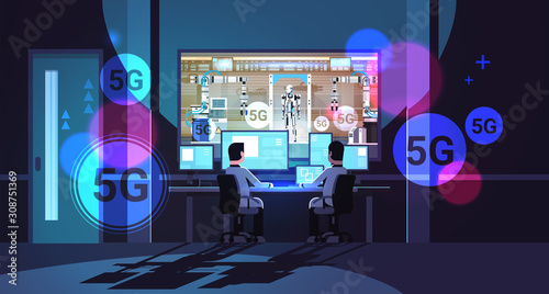 two engineers looking at monitors robot production modern factory robotic industry 5G online wireless connection concept artificial intelligence office interior horizontal rear view vector