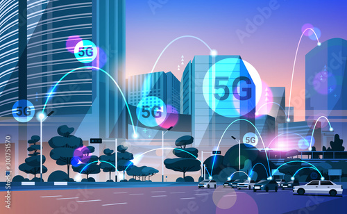 smart city 5G online communication network wireless systems connection concept fifth innovative generation of global high speed internet modern cityscape background flat horizontal vector illustration