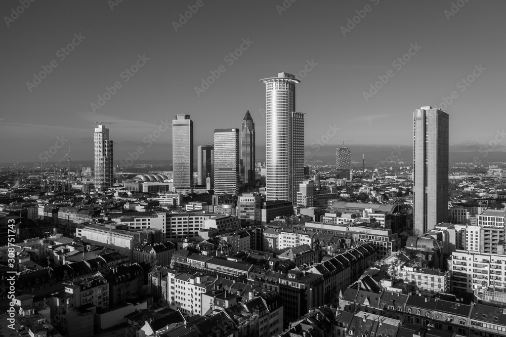 Frankfurt am Main aerial view with drone. Sunset in Frankfurt am Main. 10.12.2019 Frankfurt am Main Germany. Frankfurt am Main aerial view with drone. Sunset in Frankfurt am Main. 10.12.2019 Frankfurt am Main Germany.