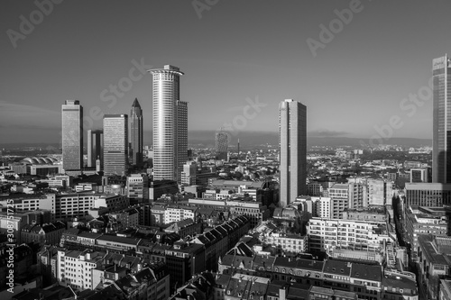  Frankfurt am Main aerial view with drone. Sunset in Frankfurt am Main. 10.12.2019 Frankfurt am Main Germany.