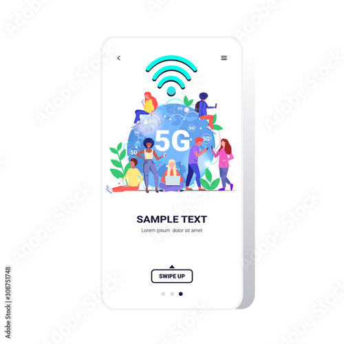 mix race people using digital devices 5G online wireless systems connection fifth innovative generation of high speed internet concept world map globe icon smartphone screen full length vector