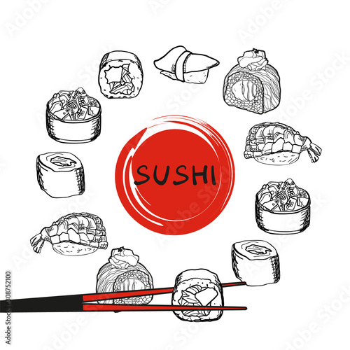 Sushi set vector image. Japanese delicious food.