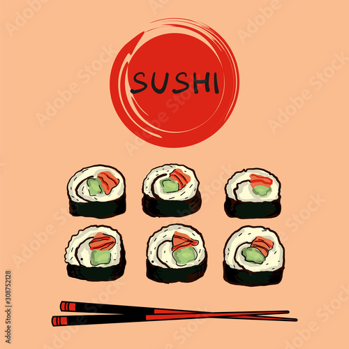 Sushi set vector image. Japanese delicious food.