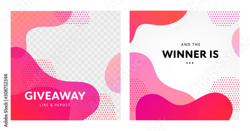 Vector fluid giveaway and winner banner template set. Group of couple square give away poster. Abstract pink color liquid illustration with text. Design for social media post, free gift, advertisment.