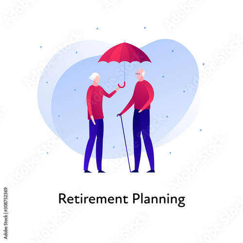 Vector flat insurance banner template illustration. Elder family person insurance concept. Senior male and female holding umbrella on white background. Business design element for poster, ui, web.