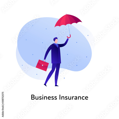 Vector flat insurance business color illustration. Bank, deal protection concept. Businessman, suitcase and umbrella isolated on white background. Design element for banner, poster, web, ui, print