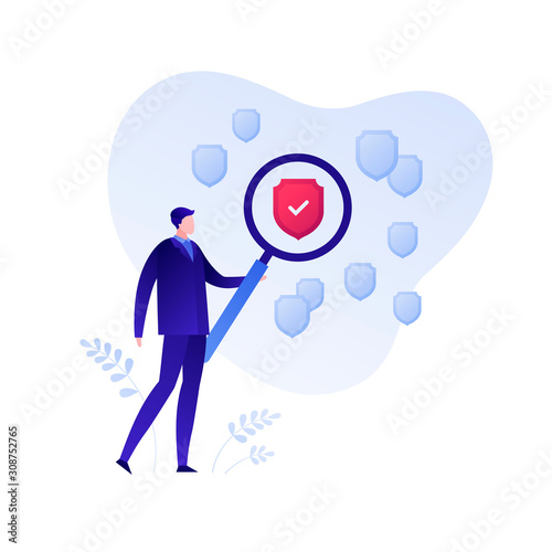 Risk evaluation business. Concept of audit, financial and market analysis. Vector flat person illustration. Businessman holding magnifying glass over shield icon. Design element for banner, poster.