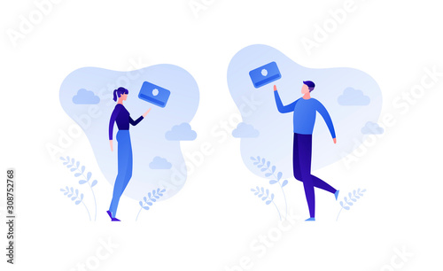 Insurance business. Family property and life protection policy concept. Vector flat person illustration. Male and female holding document sign on sky background. Design element for banner, poster, web