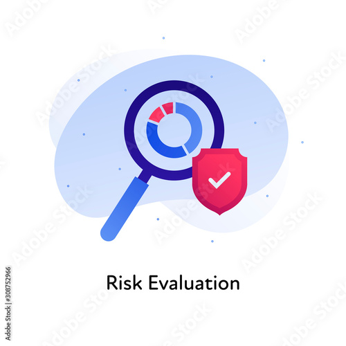 Risk evaluation business. Concept of audit, financial analysis. Vector flat color icon illustration. Magnifying glass over chart icon with shield. Design element for banner, poster, web, background.