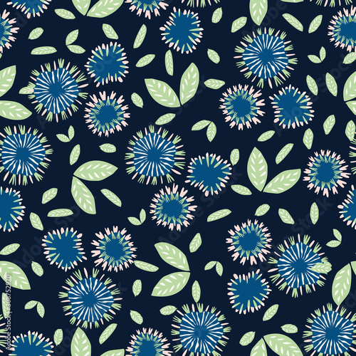 Classic Blue Daisy Floral Posy Motif Background. Naive Blossom Flower Seamless Pattern. Ditsy Elegant Navy Bloom on Dark Indigo with Leaf. Hand Drawn Masculine All over Print. Repeat Vector EPS 10