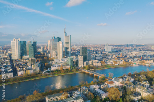  Frankfurt am Main aerial view with drone. Sunset in Frankfurt am Main. 10.12.2019 Frankfurt am Main Germany. © Tudorean