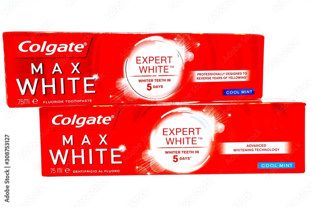 Italy – 26, 2019: Colgate Max White Toothpaste produced by Colgate-Palmolive Stock Photo | Stock