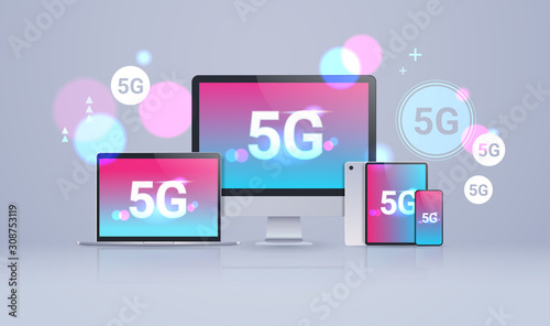 monitor tablet smartphone laptop screens 5G online communication network wireless systems connection cross platform concept fifth innovative generation of high speed internet flat horizontal vector