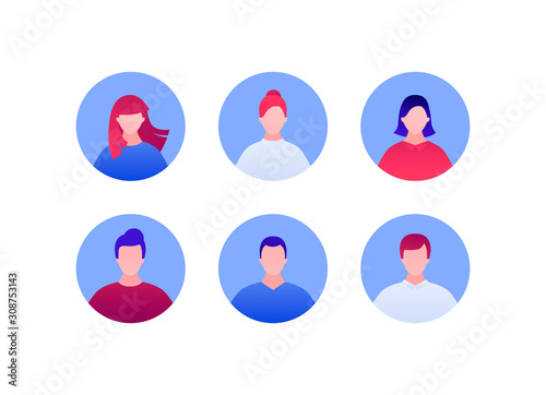 Customer avatar sign concept. Vector flat person illustration set. Collection of male and female faces in circle frame isolated on white. Design element for banner, poster, ui, app, background, web.