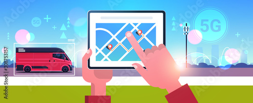 human hand using tablet delivery service van navigation application 5G online network wireless systems connection concept fifth innovative generation of high speed internet cityscape horizontal vector
