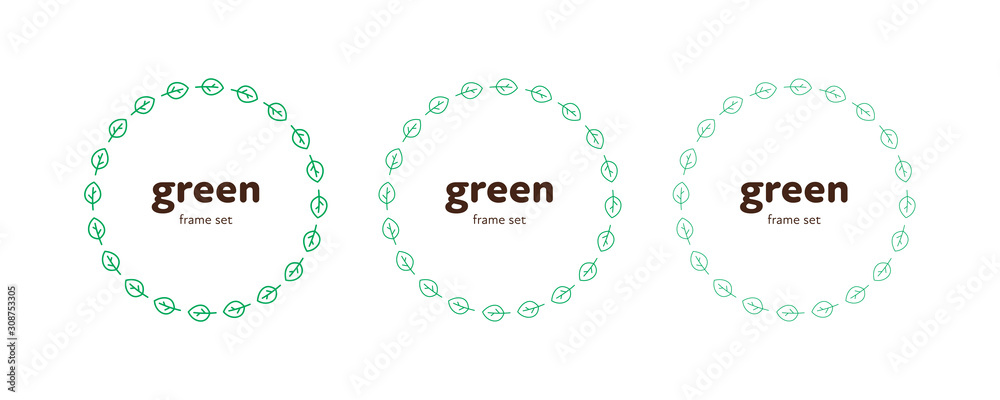 Ecology protection badge sign. Vector flat leaf frame illustration set. Collection of green circle with copyspace for text isolated on white. Design element for banner, poster, ui, background, web.