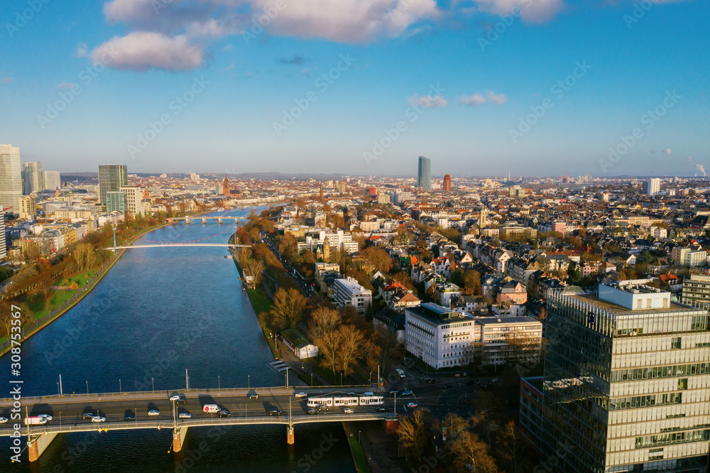 Obraz premium Frankfurt am Main aerial view with drone. Sunset in Frankfurt am Main. 10.12.2019 Frankfurt am Main Germany.