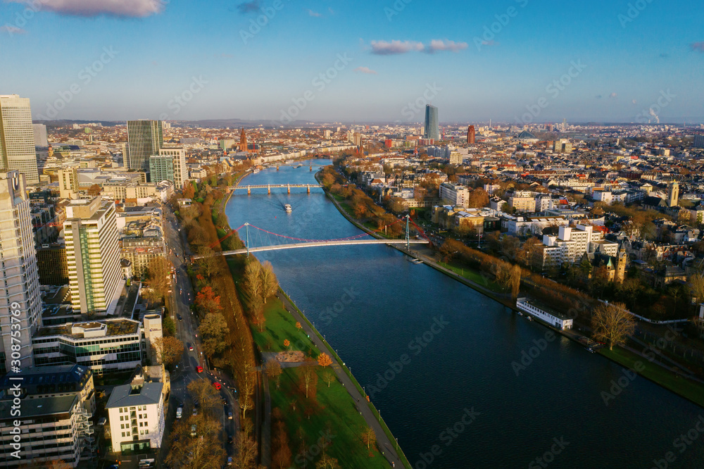 Fototapeta premium Frankfurt am Main aerial view with drone. Sunset in Frankfurt am Main. 10.12.2019 Frankfurt am Main Germany.