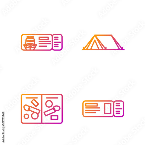Set line Travel ticket, Passport pages with visa stamps, Cruise ticket for traveling by ship and Tourist tent. Gradient color icons. Vector