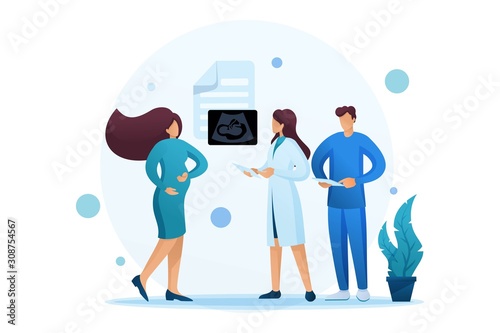Examination of pregnant women, study of ultrasound results, doctor's consultation. Flat 2D character. Concept for web design