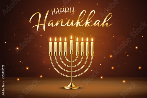 Happy Hanukkah greeting card with gold inscription and Golden realistic menorah, candlestick with burning candles