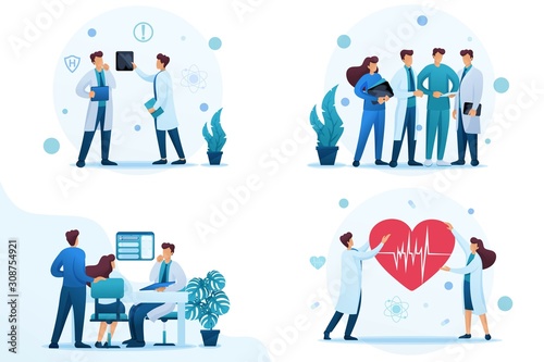 Set 2D Flat concepts about work of doctors and medical personnel. For Concept for web design