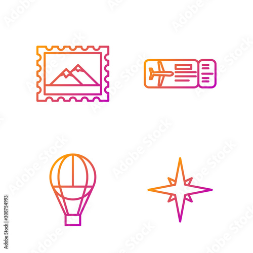 Set line Wind rose, Hot air balloon, Postal stamp and Mountains and Airline ticket. Gradient color icons. Vector