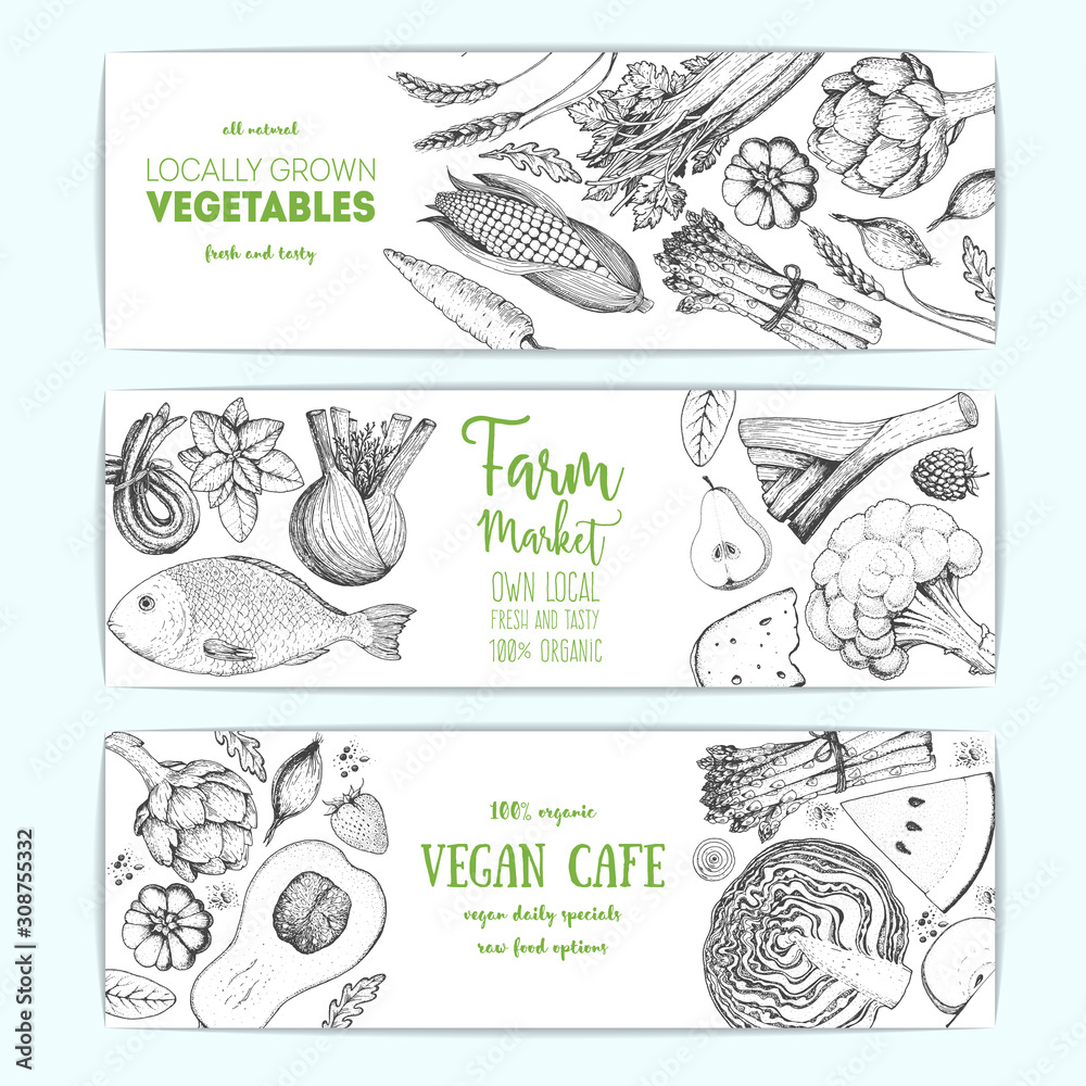 Healthy food banner set. Vegetables, fruits, meat, fish hand drawn. Organic food set, vector illustration. Engraved style