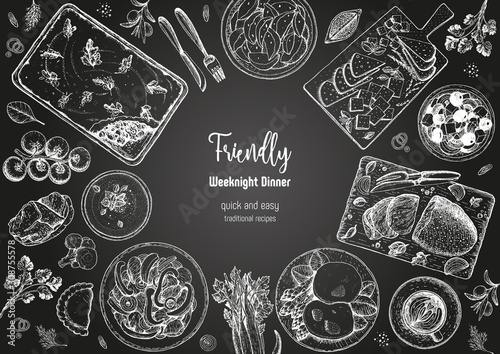 Family dinner top view, vector illustration. Friendly dinner table. Food design template. Engraved style background. Hand drawn sketch, design template.