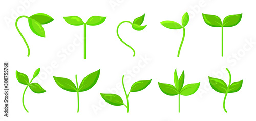 Spring green grass sprout plant cartoon icon set
