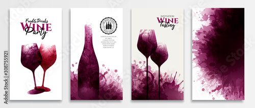 Templates with wine designs. Red wine stains Illustration of glass and bottle of wine.