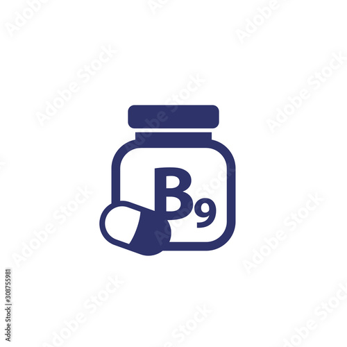 B9 vitamin, folate supplement icon on white