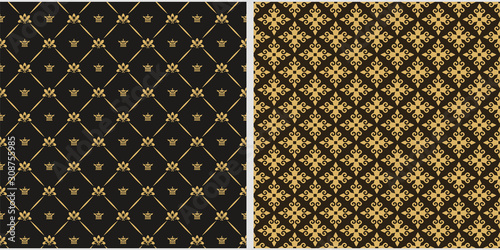 Background images. Retro and vintage style. Set of 2 templates for your design, wallpaper texture. Seamless pattern. Colors: black, gold. Vector illustration.