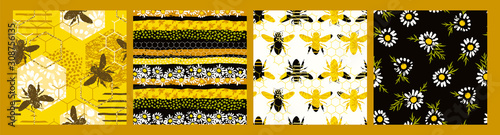 Seamless patterns with bee. Trendy hand drawn textures.