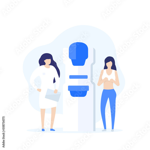 Mammography machine and doctor with patient, young girl undergoing mammogram test, vector