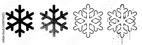 Vector set of grungy snowflakes. Black stamps on a white background. Silhouette, stencil template and weathered examples. Sponge painting, splatter and grainy textures. Icons of harsh urban winter