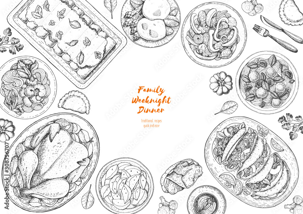 Family dinner top view, vector illustration. Friendly dinner table. Engraved style background. Hand drawn sketch, design template.