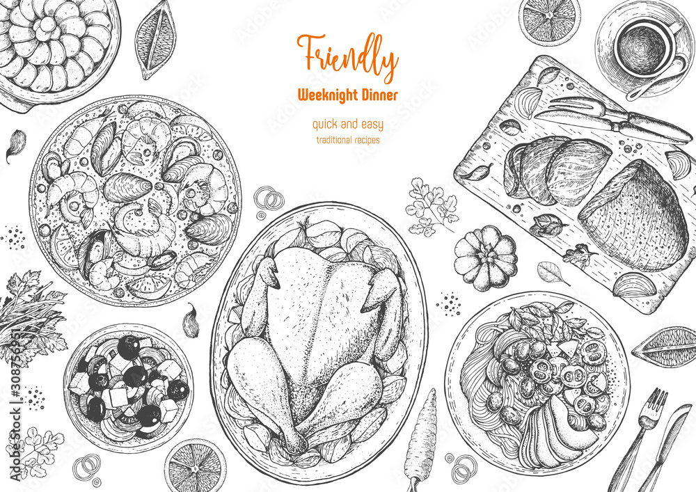 Family dinner top view, vector illustration. Friendly dinner table. Engraved style background. Hand drawn sketch, design template.