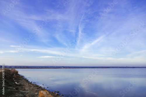 sunset sky blue and pink over a lake in Gagauzia