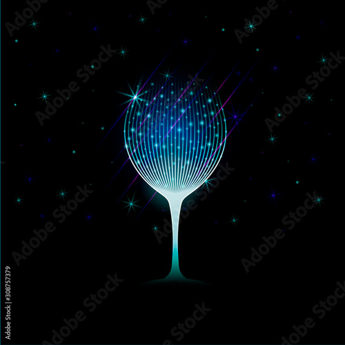 Silhouette drink glass with bluish lines and bright lights. Background night sky with stars. Elegant style.