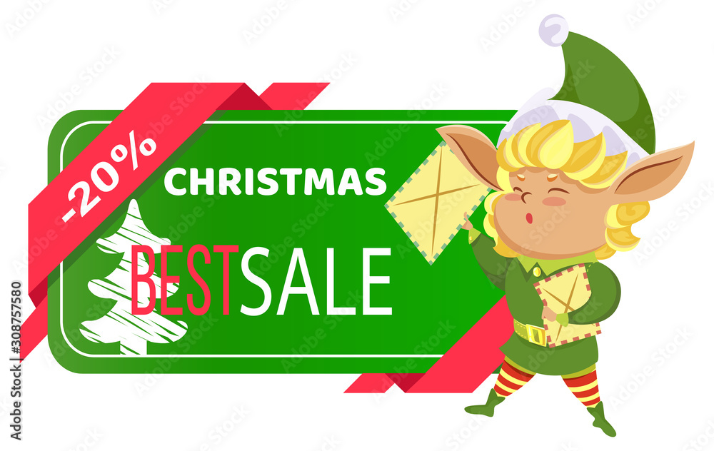 Christmas sale card, 20 off, elf with letters and Xmas tree silhouette. Winter holiday discount, New Year price off card. Advertising and shopping special offer, Santa helper vector illustration