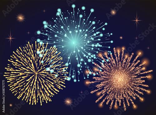 Firework sparkling with lights  fireworks on night or evening sky. Explosion for festival  festive moods. New Year celebration holidays. Bright and shiny decoration. Vector sparkle and glittering ray